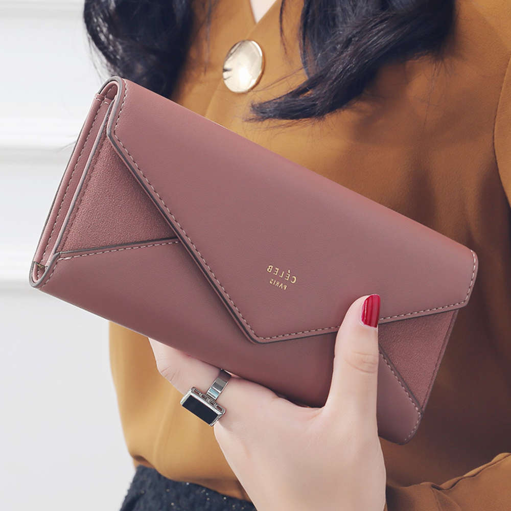 

aliwood Brand 3 Fold Women's Designer Envelope Clutch For Women Hasp Money Clip Leather Female Long Wallet Phone Pocket, Pink