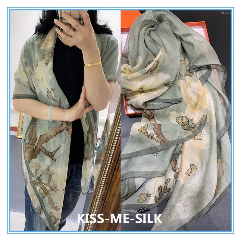 

Scarves KMS Beach Scarf Shawl White Magnolia Mulberry-silk Chiffon Large Square For Girl Lady Woman 135*135CM/40G1