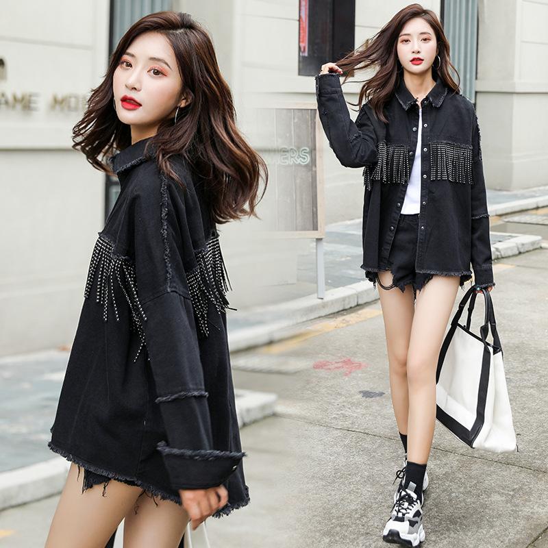 

Top Fashion streetwear Fringed Oversized Denim Jacket Coat Vintage Long Sleeve blouses and TopsD590, Black