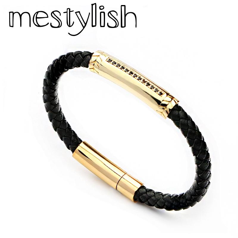

Charm Bracelets Mestylish Design Genuine Leather Stainless Steel Snap Bracelet Micro Pave CZ Copper Tube Charms Bangles Men Jewelry