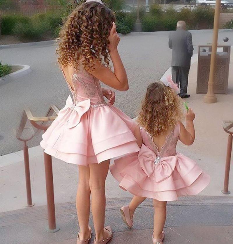 

Pink Girls Pageant Dresses Lace Appliques Satin Bow Mother and Daughter for Birthday Party Special Occasion Photo Shoot, Only kid