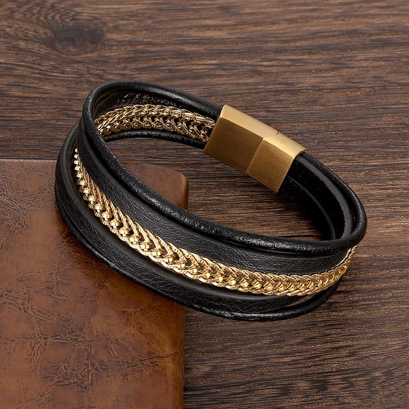 

Stainless Steel Leather Gold/Black Chain Bracelet Men Multilayer Fashion Punk Jewelry Rope Charm Bracelets Male Wholesale Gifts