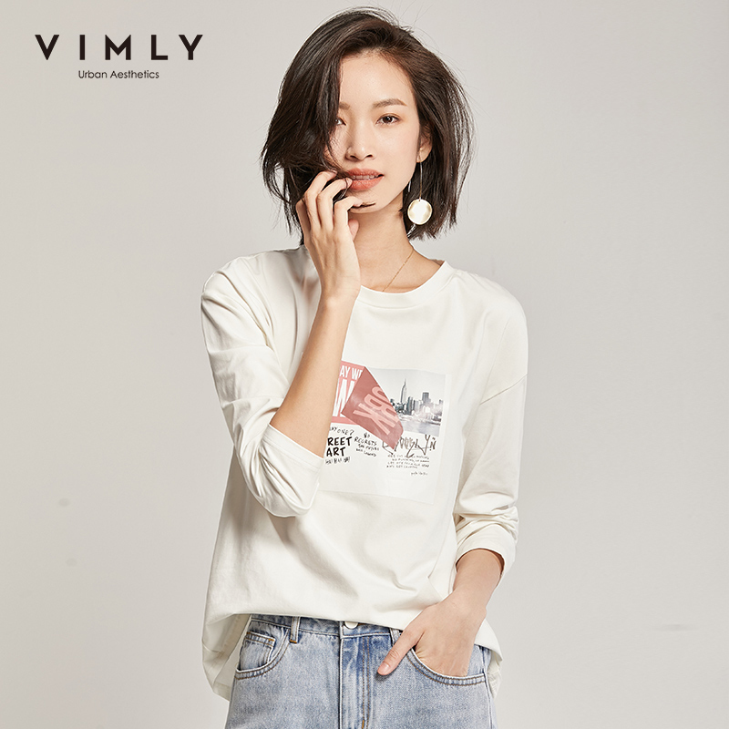 

Vimly Spring Autumn Women Letter Print Tshirt Fashion Round Neck Long Sleeve Thin Tops Casual Female Cotton T shirt F3578 201125, White