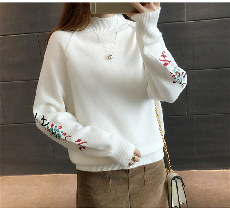 

2021 New Half Turtleneck Thick Warm Women Sweaters and Pullovers Woman Tops Jumper Pull Femme Floral Embroidery Knitted Sweater Bo8l, Burgundy