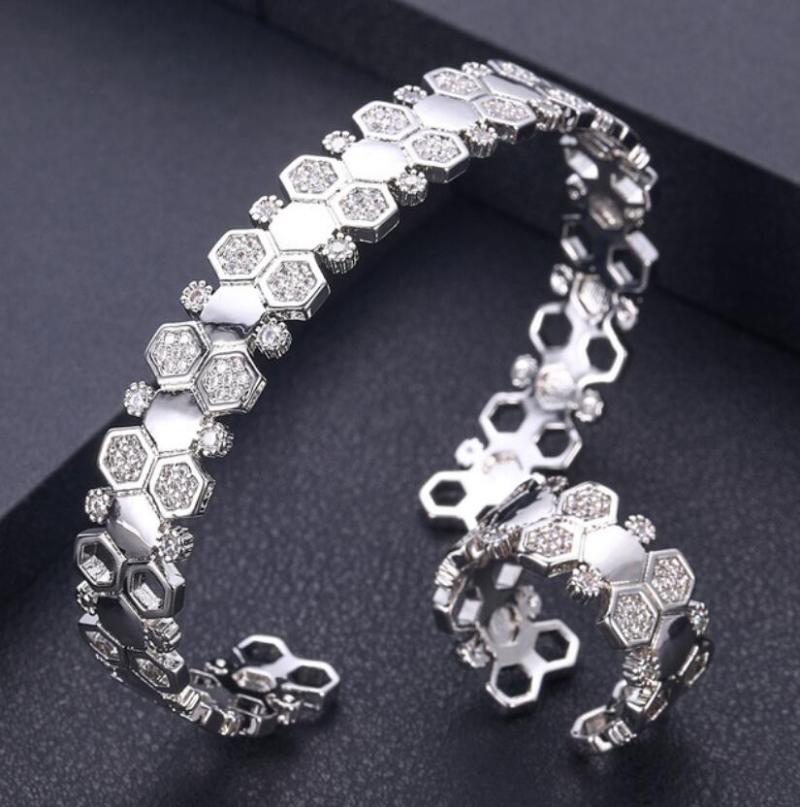 

Accking luxury African Bangle Ring Set Jewelry Sets For Women Wedding Cubic Zircon Crystal open design Bridal open design