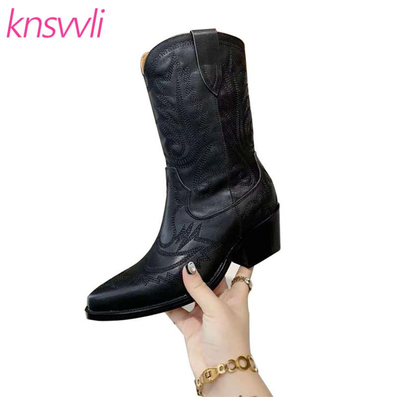 

Pointy Toe Western Cowgirl Boots Women Embroidery Leather Mid Calf Boots Designer Brand Shoes Woman Chunky Heel Zapatillas Mujer, White
