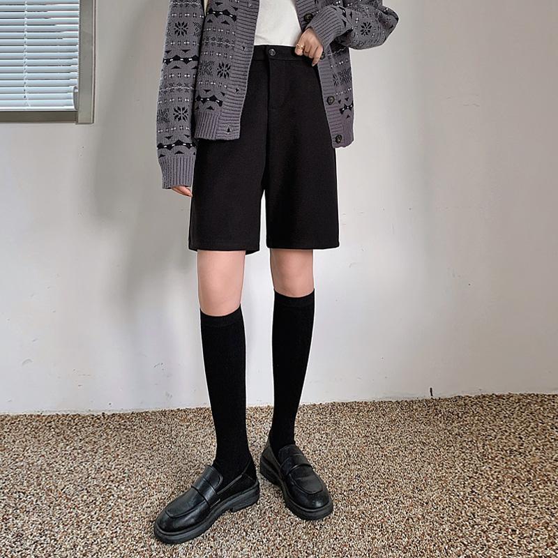 

Going Out Casual Women Shorts Loose High Waist Winter Autumn Woolen Shorts Black Straight Pantaloncini Women' Clothing EF50WS