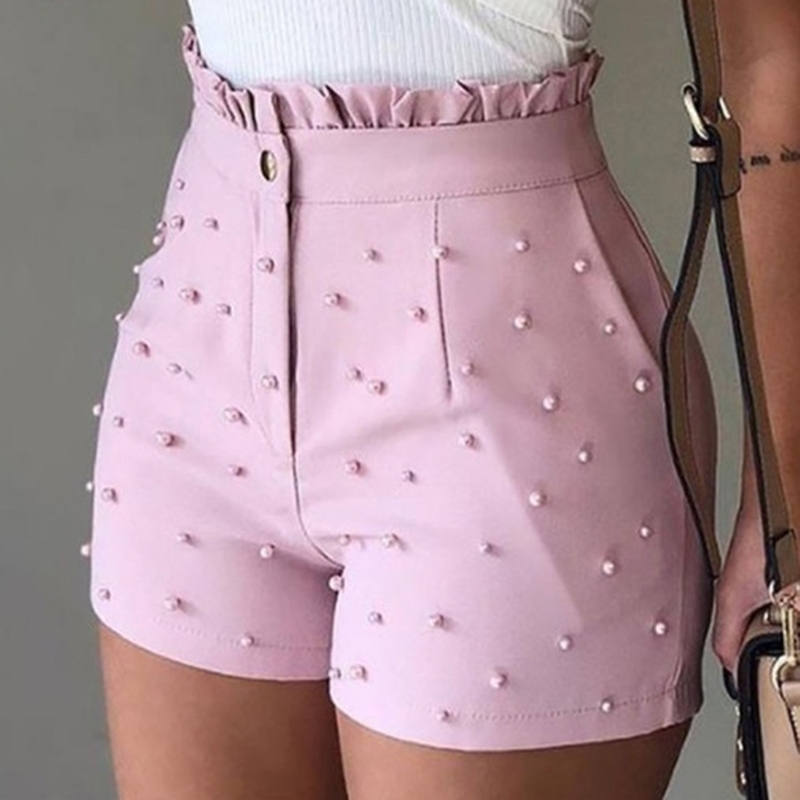 

Women' Cute Soild Color Shorts High Waist Zipper Shorts Bead Decoration Office Lady Elegant Short Pants Summer Y200403, Pink