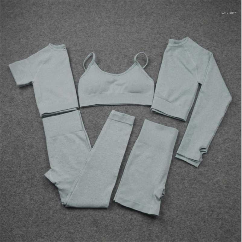 

Women Yoga Set bra+top+shirt+pants+shorts Vital Seamless Sport Suit Gym Fitness Crop Top Shirt High Waist Sportswear DS451, Green 4pcs set