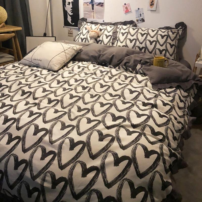 

Classical Black And White Bedding Set Heart Dot Stripe Quilt Cover Bed Linen 100%Cotton Full Twin Man Bedclothes Home Textile, Manwu