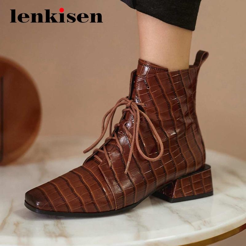 

Lenkisen 2020 large size genuine leather gingham cross-tied mature square toe med square heel zipper keep warm ankle boots L7f3, Black