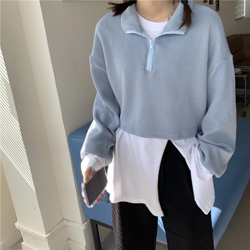 

women's cloth All-match short zipper design pullover long sleeve sweatshirt, Beige