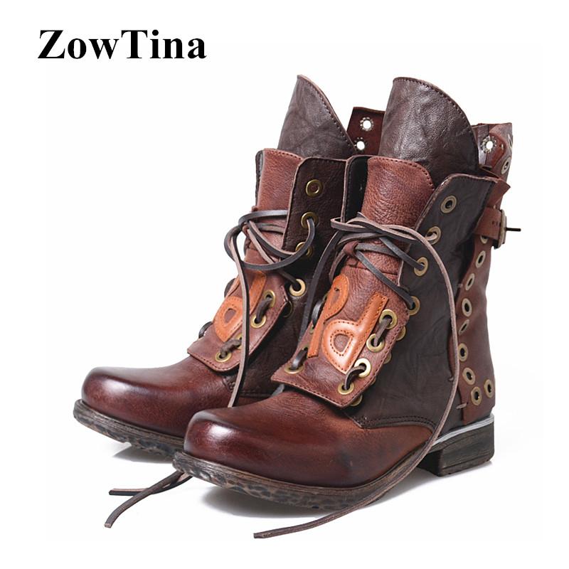 

ZowTina Vintage Fashion Women Winter Boots Round Toe Genuine Leather Botas Mujer Flats Knight Boot Shoes Woman Studded Booties, Coffee fur inside