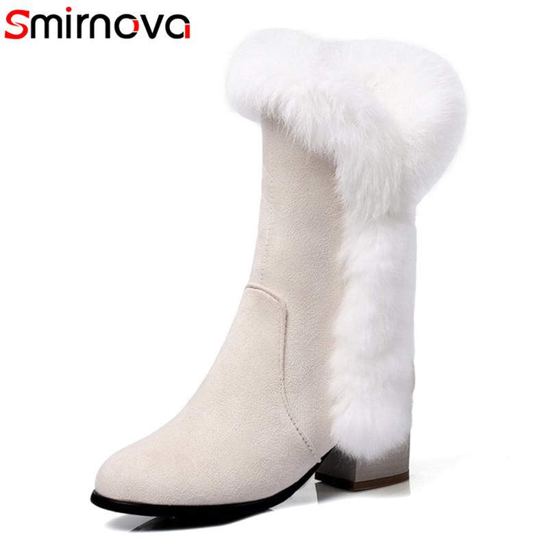 

Smirnova wholesale 2020 new arrival mid calf boots round toe thick heels boots fur zip keep warm snow winter womens, Beige