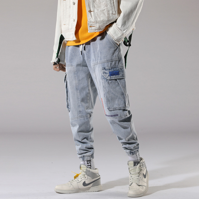 

2021 New Newly Fashion Streetwear Loose Fit Big Pocket Embroidery Designer Denim Cargo Pants Hip Hop Jeans Men Harem Trousers Op31, Retro light blue