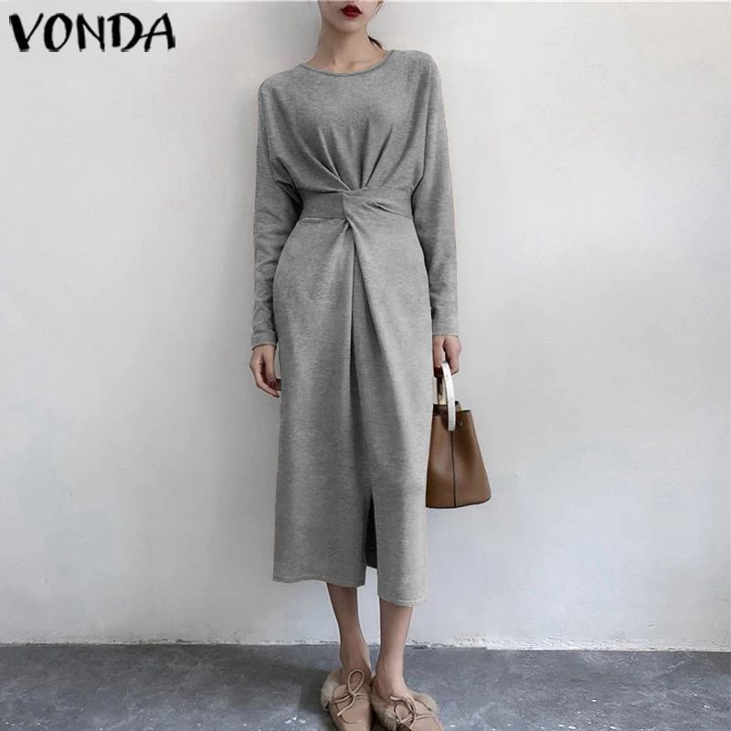 

Autumn Winter Basic Dress Women Casual Solid Color O Neck Long Sleeve Long Dresses VONDA New Fashion Elegant Vestidos 5XL 201008, Black