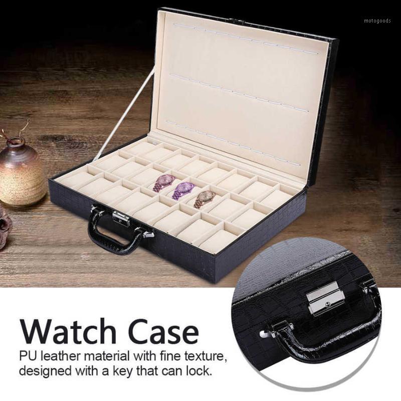 

24 Grid Watch Storage Suitcase PU Leather Large Space Watch Storage Case with Key for Sorage Box1