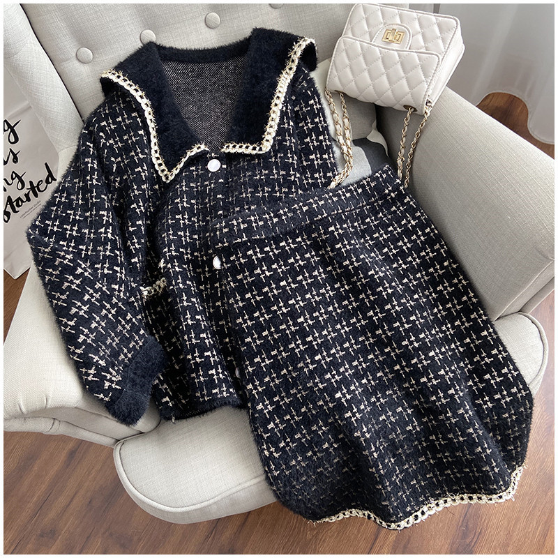 

2021 New Women's Vintage Sweater Sets Mink Cashmere Tops and Skirt Two Garments Fashion All Clothes 2 Piece Winter Matching Set W036, White