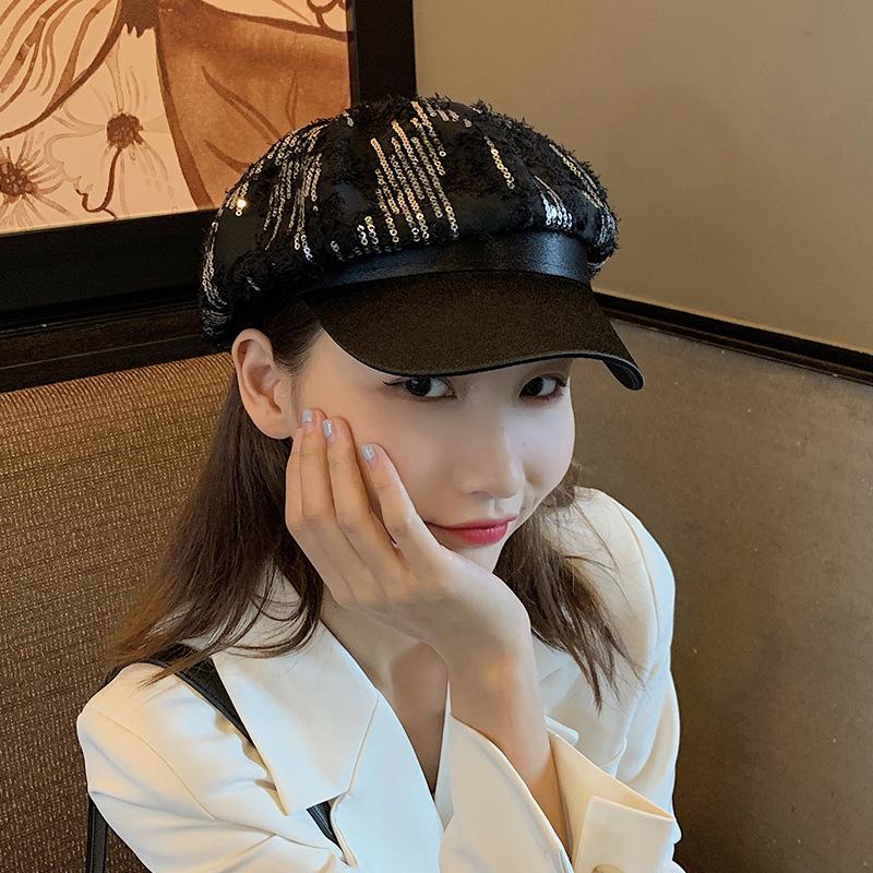 

Boinas Para Mujer Hat Female Beret Tide British Retro Painter Cap Temperament Sequins Casquette Homme Kapelusz Boina Hombre 2020, Black