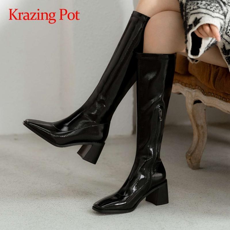 

Krazing pot new square toe high heel simple classic colors European style winter shoes keep warm mature lady knee-high boots L201, Black2