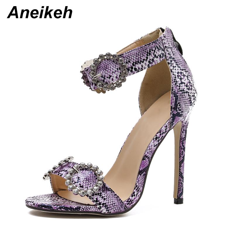 

Aneikeh Summer Women Shoes Sandals Ankle-Wrap PU Rome Metal Decoration Thin Heels ZIP Cover Heel Dress Violet Round Toe New 2021, Purple