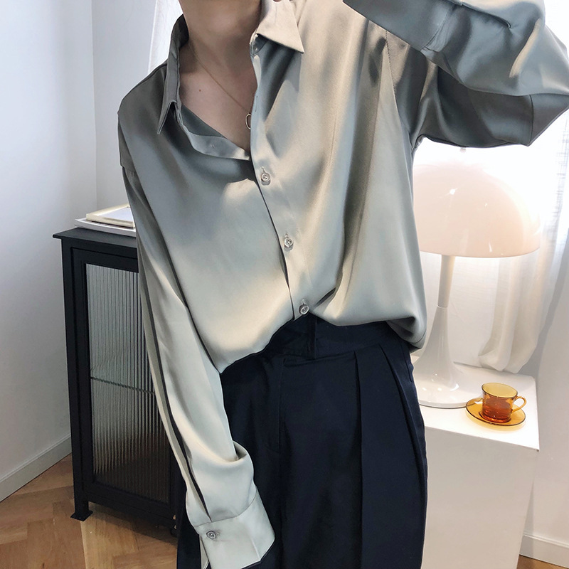 

2021 New Elegant Satin Chiffon Female Shirt Korean Spring Summer Fashion Plaid Comfortable Sweatshirt Mature Color Sheer Tops 6AAW, White