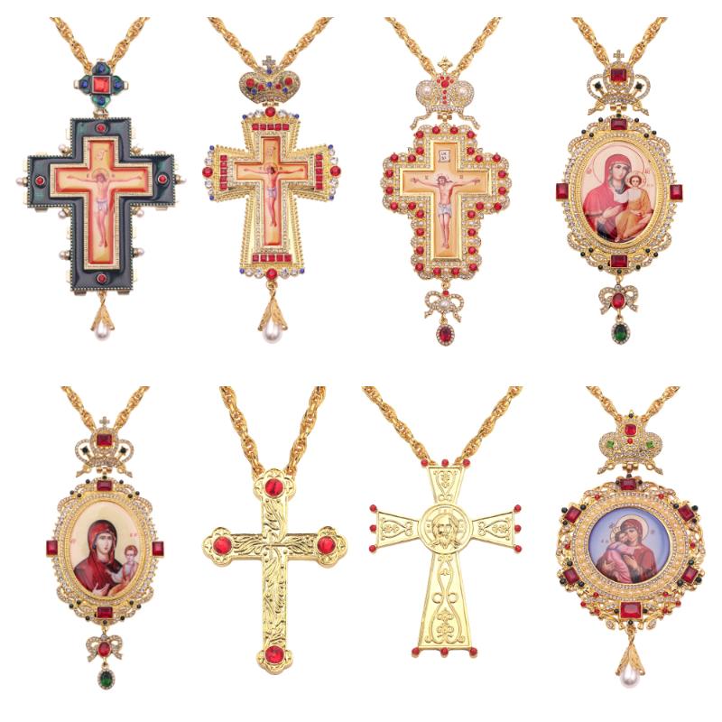 

Orthodox Greek Shepherd Cross Jesus Crucifix Pendants Gold Rhinestones Classic Cross Chain Religious Craft Supplies