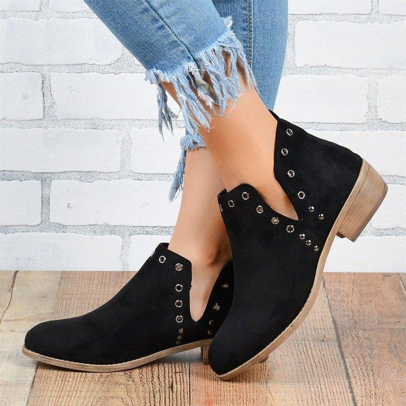 

women ankle boots chaussure low heels vintage PU leather booties plus size autumn slip on shoes woman zapatos mujer sapato D19181, Black