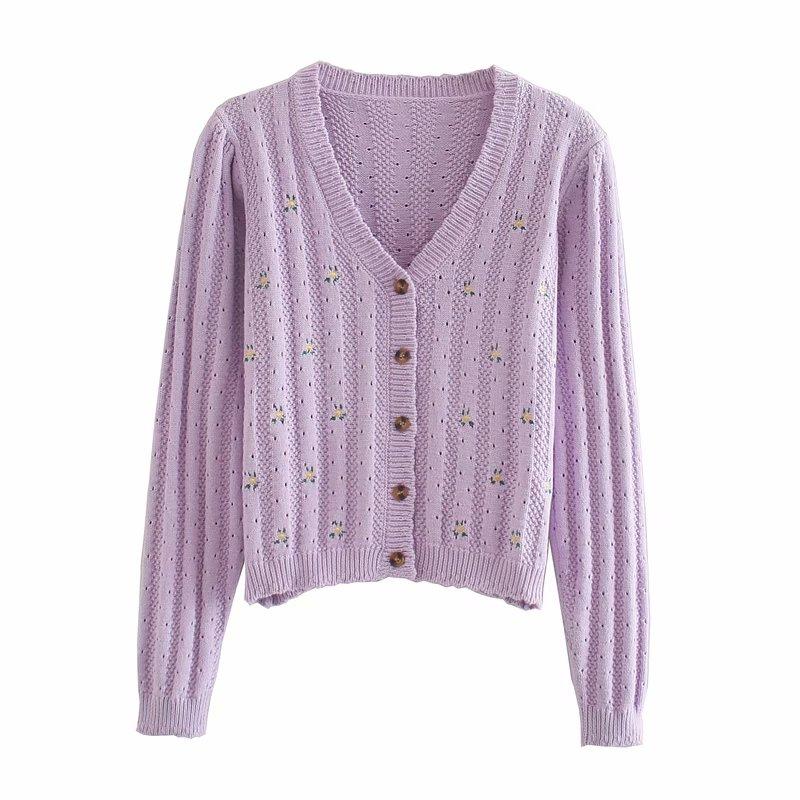 

Autumn long-sleeved V-neck single-breasted long-sleeved purple chic female sweater Embroidery knitting Women' cardigan, Beige