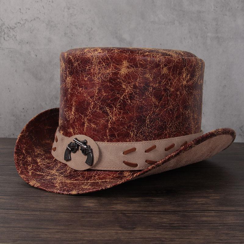 

New 2021 Women Men 100% Leather Top Hat Shower Lday Fedora Hat Magic Flat Steampunk Cosplay Pork Pie Party Cap 13cm, Gold