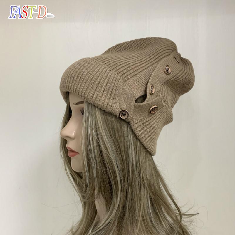 

Beanie/Skull Caps FAST-D Winter Hats For Women Beanies Korean Wool Knitted Cap Ladies Simple Warm Bonnet Gorras Hat With Button Kpop Style, Black
