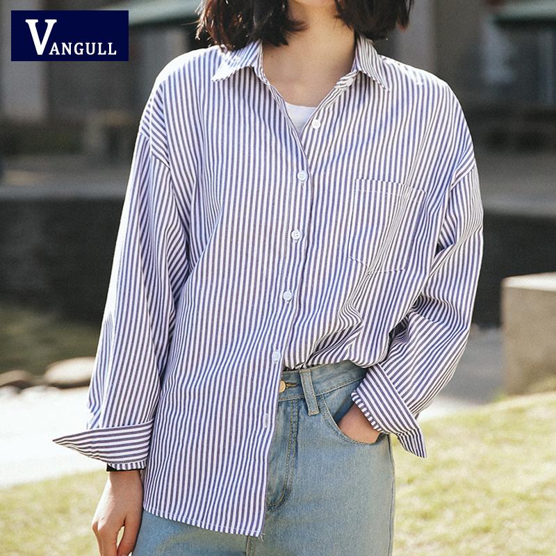 

Vangull Women Blouses & Shirts 2021 Spring Autumn Ladies Casual Basic Striped Tops Buttons Turn-down collar Female Clothing, Blue