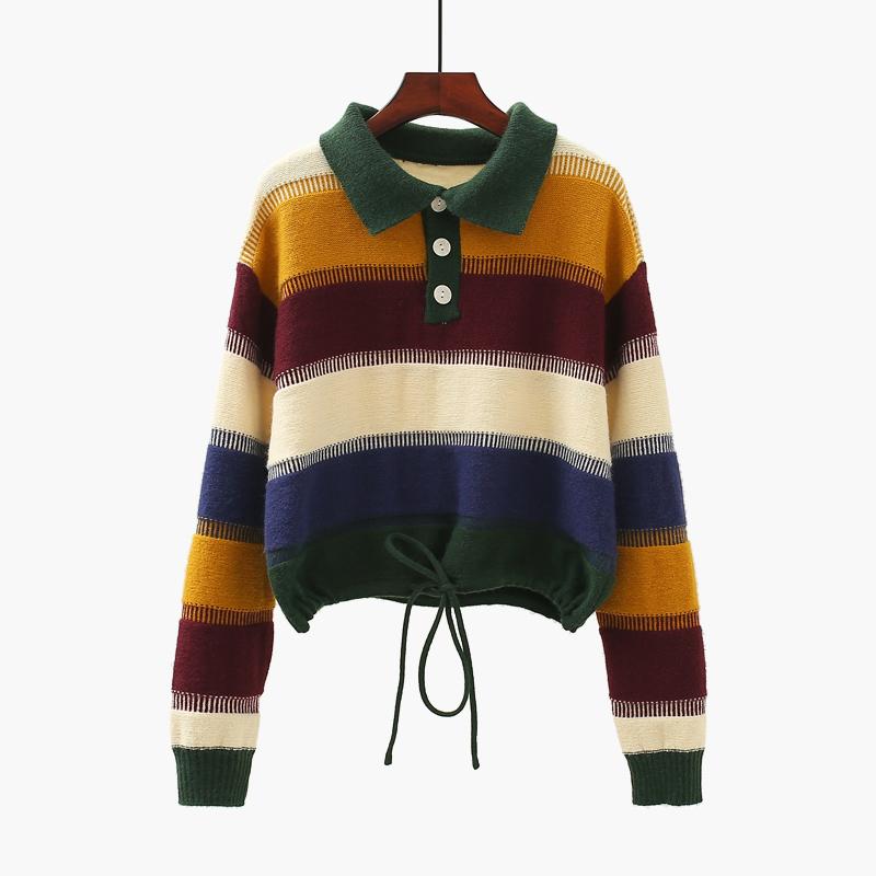 

SuperAen Japanese College Rainbow Striped Turn Down Collar Pullover Loose Sweater Women Autumn and Winter, Green