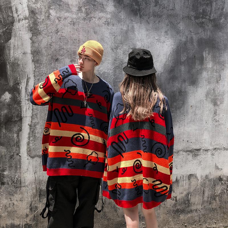 

Color Block Striped Graffiti Pullover Sweater Oversize Men and Women Round Neck Hip Hop Knit Sweaters Streetwear Baggy Sweater, Red