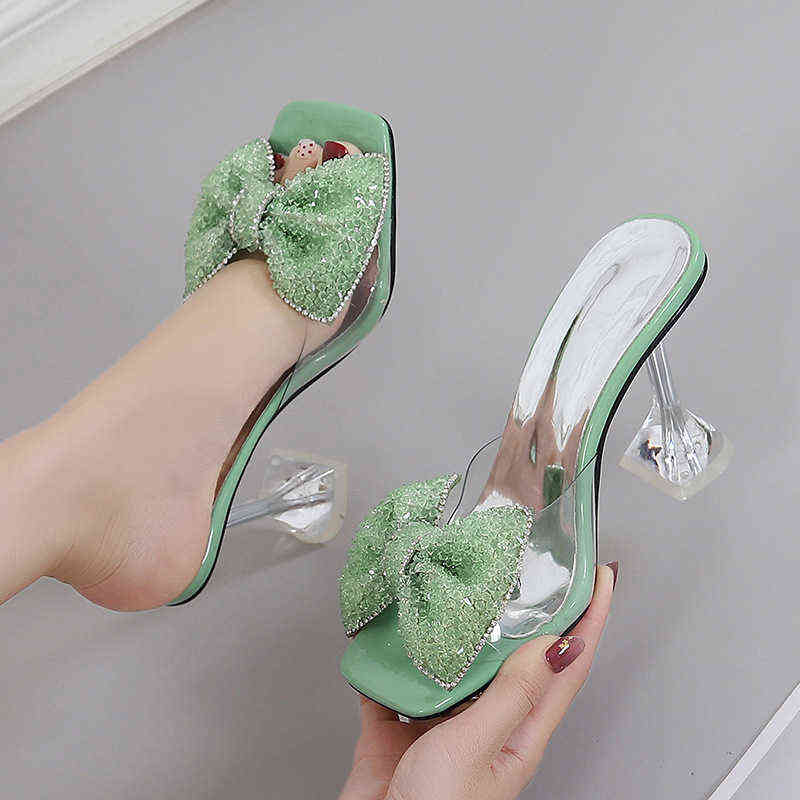 

Newly Arrived Women Pumps Rhinestone Bow Design High Heel Slippers Elegant Square Head Ladies Thin High-heeled Sandals Size 46 AA220301, Green
