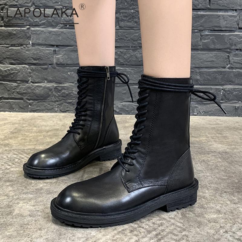 

Lapolaka 2021 New Fashion Motorcycle Style Square Heel Zip Mid-Calf Cross-tied Women Shoes Skidproof Ladies Concise Comfy Shoes1, Black