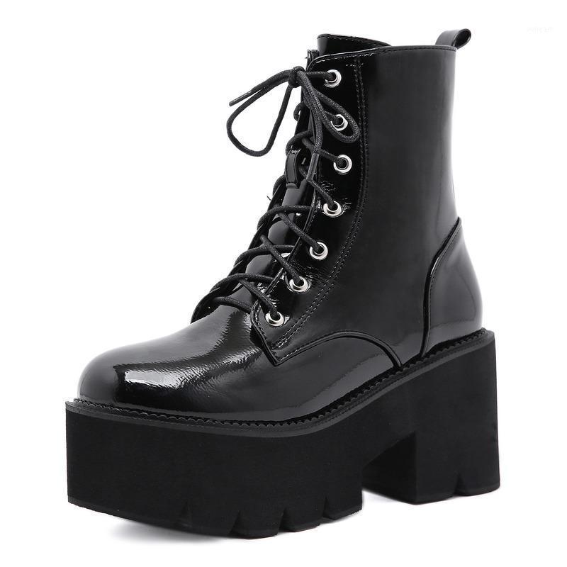 

New Arrival Woman Shoes Lace Autumn Boots Womens Ladies Chunky Wedge 5cm Platform Black Patent Leather Ankle Boots Big Size 421