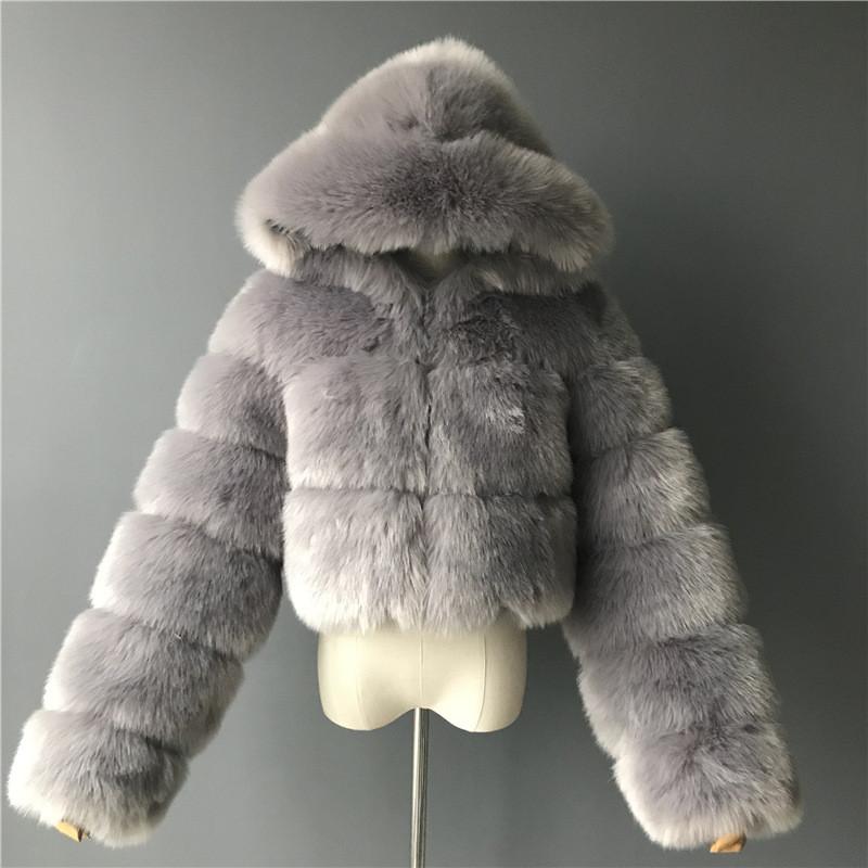 

hirigin Fall Winter High Quality Faux Fur Coat Women 2021 Vintage Long Sleeve with Cap Slim Short Jackets Furry Coat Femme, Silver