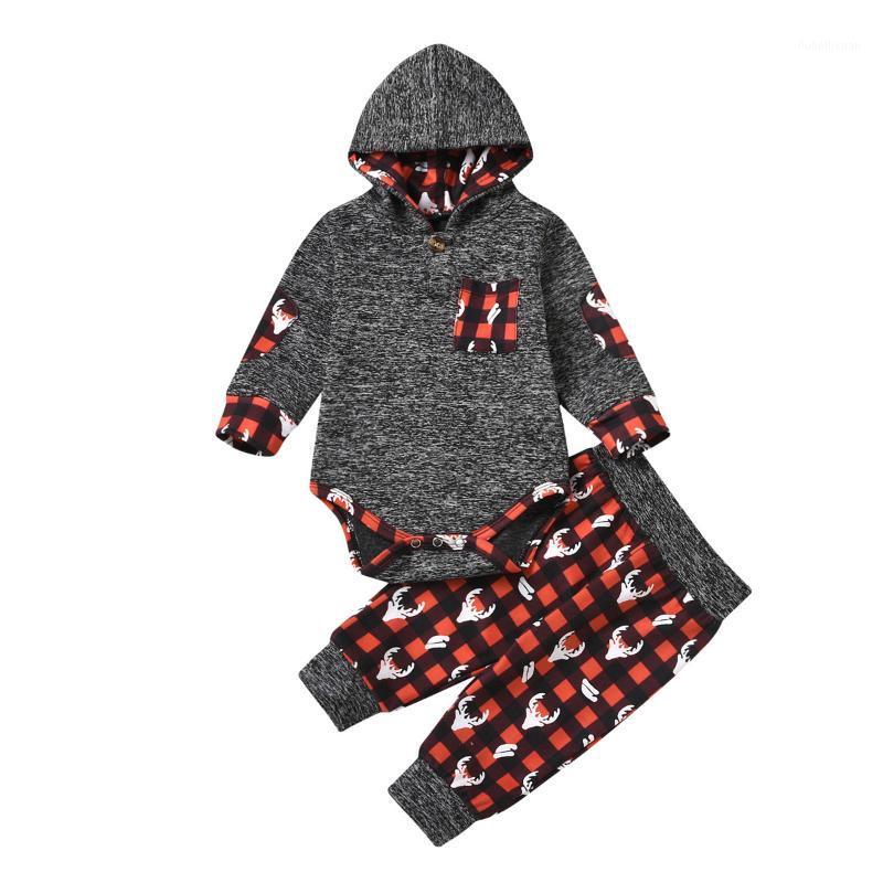 

2020 Xmas 0-24M Newborn Baby Boy Girl Clothing Patch Long Sleeve Hooded Romper+Plaid Deer Print Harem Pants Cotton 2pcs Set1, As pic