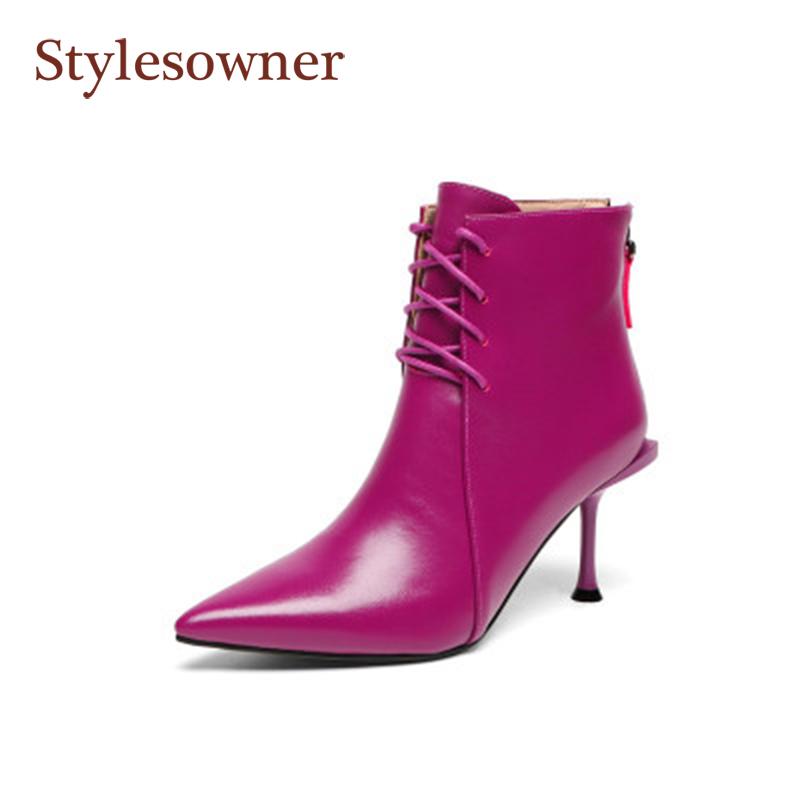 

Purple Boots Women's 2021 Autumn / Winter New Fashion Genuine Leather Pointed Toe Lace High Heels Stiletto Ankle Boots, Black