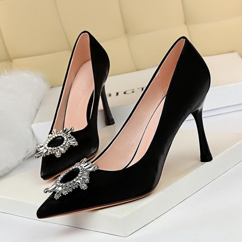 

Fashion High Heels Nightclub Women Shoes Stiletto Square Buckle Rhinestone Wedding Shoes Women High Heels Pumps, Wine red