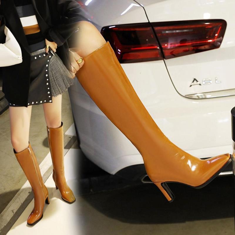 

2021 Fashion Knee High Boots Woman Women High Heel Boots Thick Heel Zipper Woman autumn Size 34-43, Yellow short plush