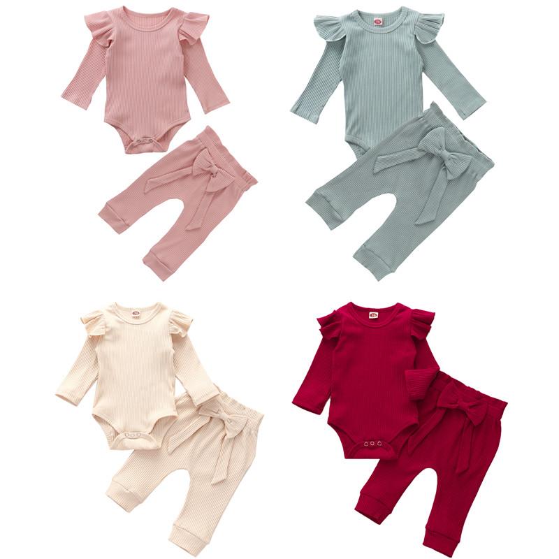 

0-24M Newborn Baby Clothes Set Cotton Ruffle Long-Sleeves Romper Top + Pants With Bow Tie Outfits For Little Girl Boys, Red