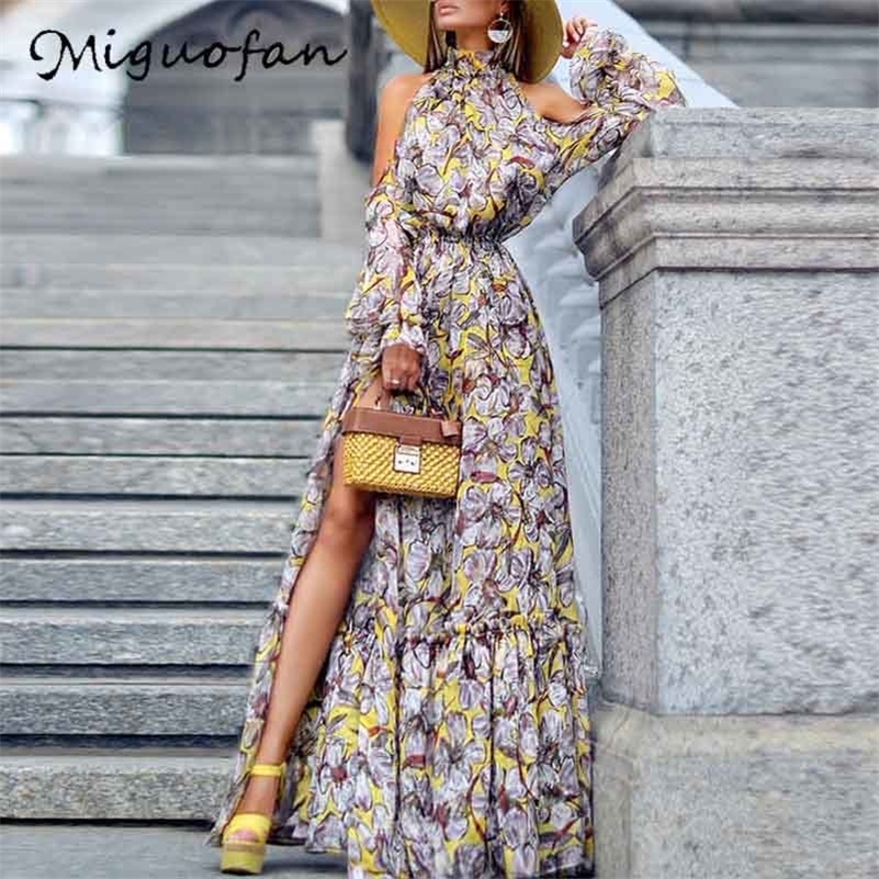 

Miguofan Boho Maxi Dress Women Halter Off Shoulder Print Split Summer Long Dress Plus Size Loose Dresses Party Womens Clothing Y200623, Black;gray