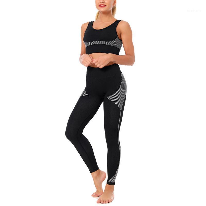 

women high waist Sportswear seamless striped Yoga suit fitness Crop Top tight leggings Running Gym set workout YOGA clothings1, 4 dark grey
