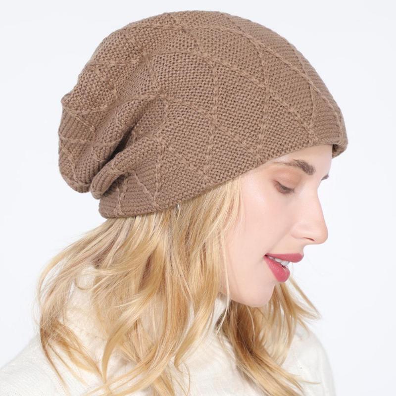 

Fashion New Women Winter Warm Beanies Knitted Hat Solid Color Strip Rhombus Wool Cap1, Red