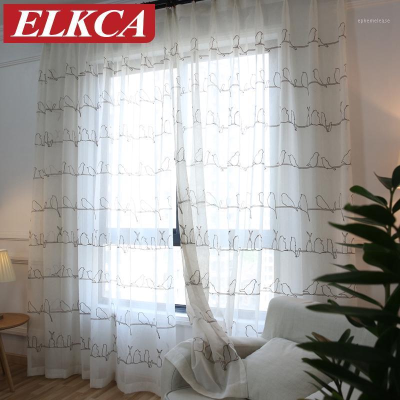 

Korean Birds Embroidered Tulle Curtains for the Bedroom Faux Linen Sheer Curtains for Living Room Ready Made Kitchen1
