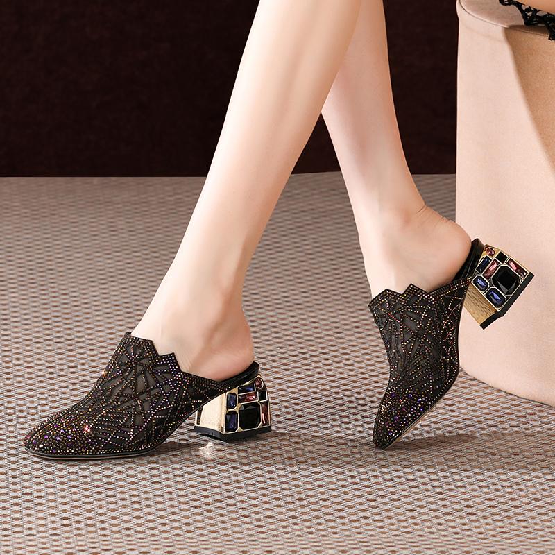 

2021 Spring Summer New Women Mules Genuine Leather Square Toe High Heels Pumps With Crystal Party Dancing Shoes Woman, Black