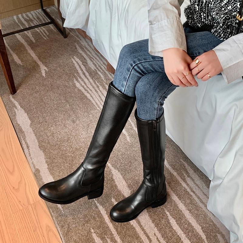 

Female Genuine Leather Long Boots Zip Mid Heel Knee-high Riding Boot Black Brown Women Boots 2020 Autumn Winter Warm Shoes Woman