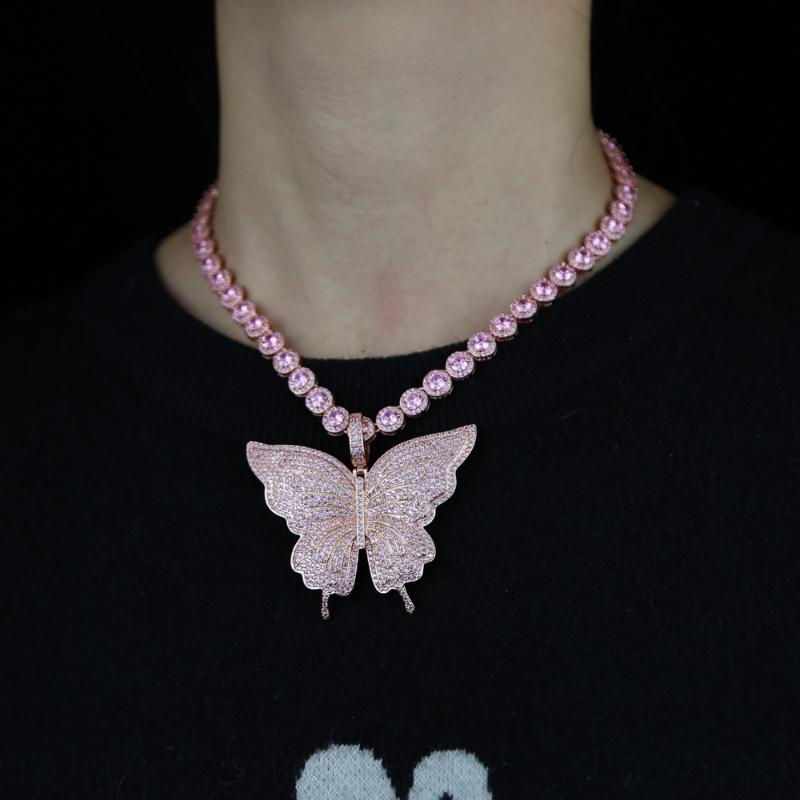

Chokers Fashion Iced Out Sparking Bling Cz Pink Pinky Tennis Chain Choker Jewelry With Rose Butterfly Pendant Hip Hop Cool Necklace